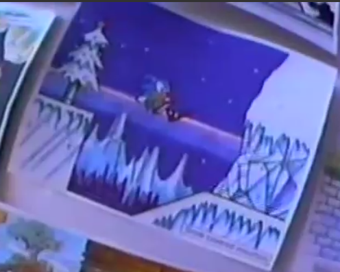 A piece depicting an ice-themed stage. The text is barely visible and reads "Snow Covered Mountain", a near-exact match for the description on the early layout sketch for Icecap Zone. The scene depicted also matches up with the layout sketch somewhat, showing Sonic about to enter the caves.