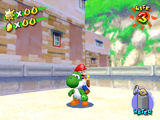 Yoshi is green and doesn't have a "JUICE" meter. (Note: Mario now has an empty tank of water after riding Yoshi)