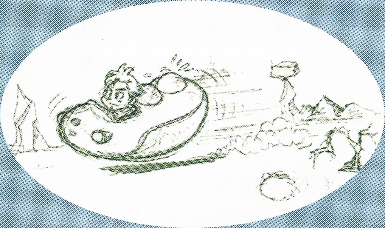 Conceptual sketch of Lucas by Itoh riding in a hovering Pork Army ship. Conceptual sketch of Lucas by Itoh riding in a hovering Pork Army ship.