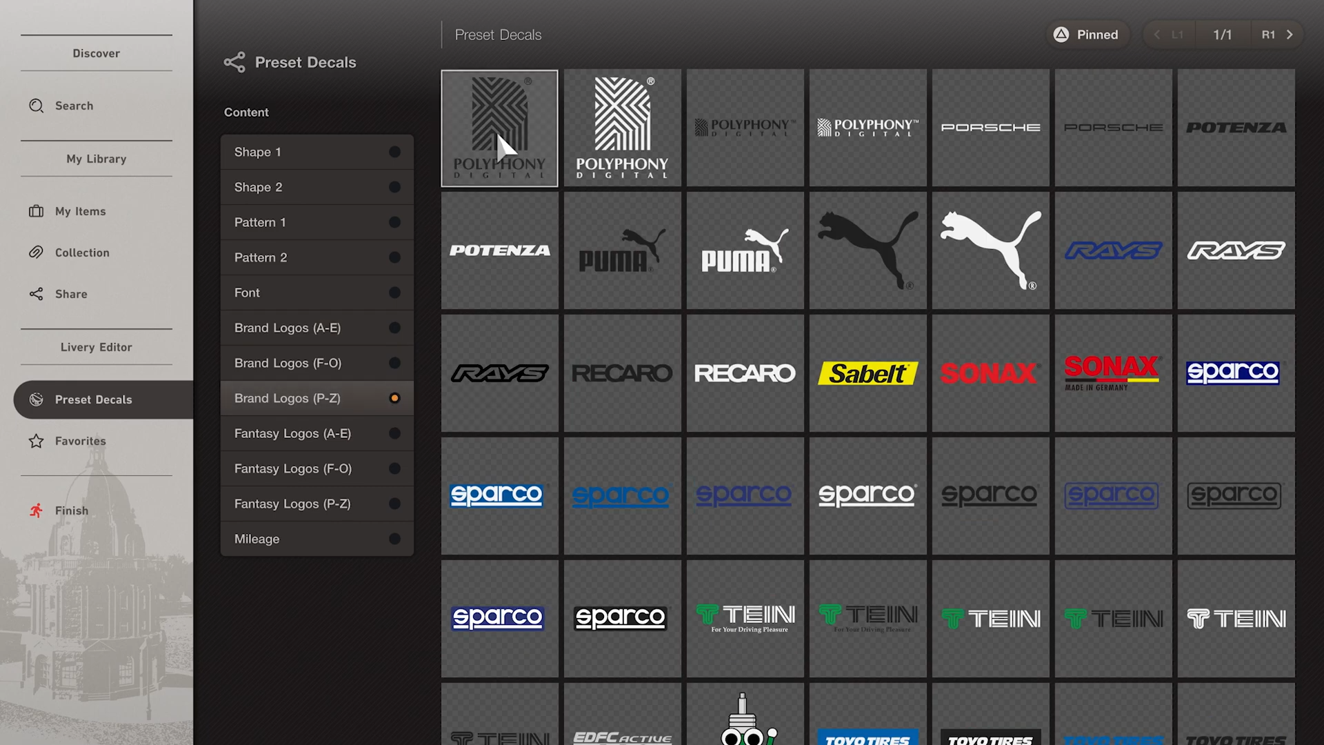 Selecting a decal in the livery editor. The sidebar's background is more visible than in the later builds before being dropped. Selecting a decal in the livery editor. The sidebar's background is more visible than in the later builds before being dropped.