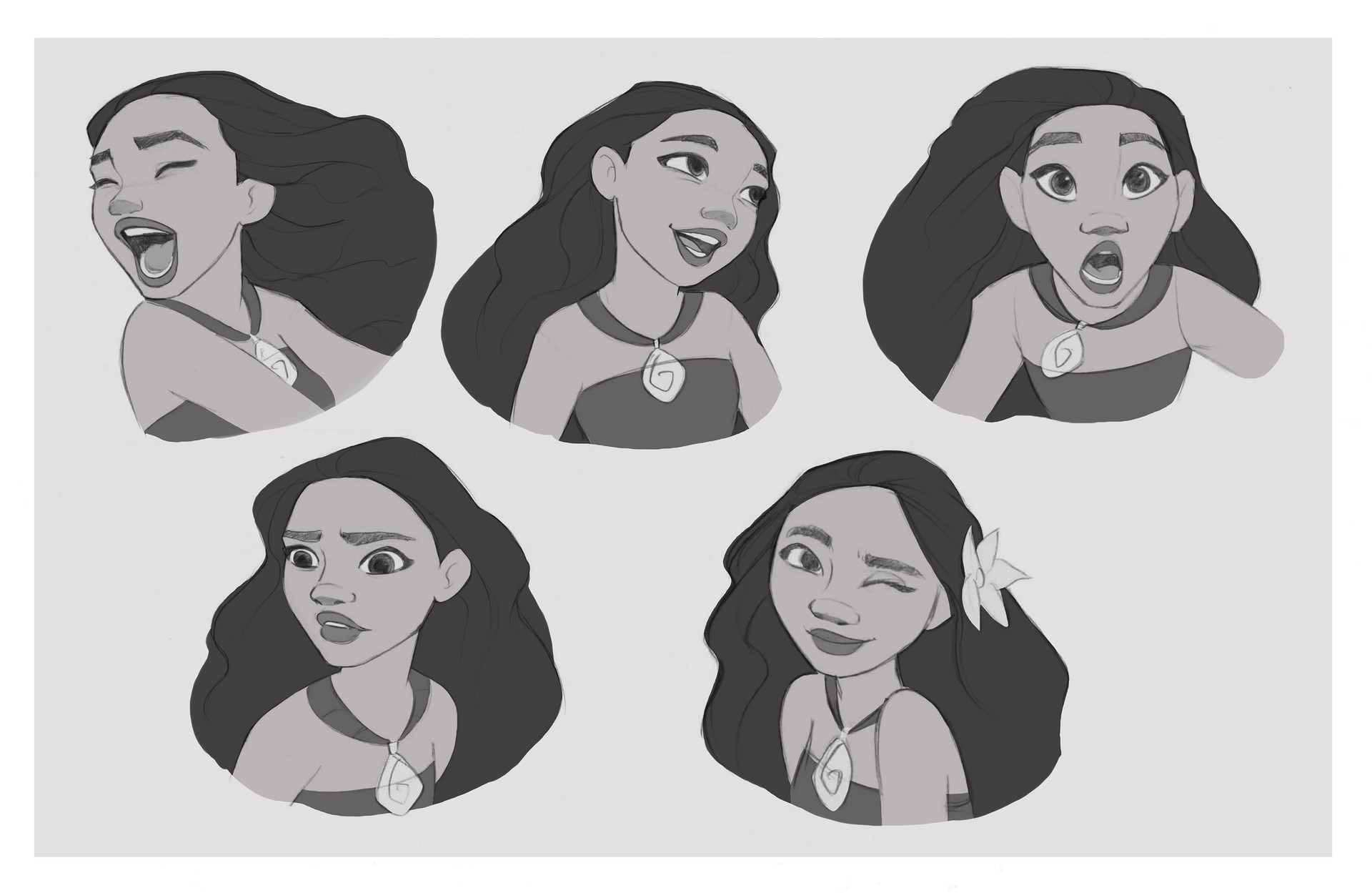 Concept Art for Moana's facial expressions, from Jenny Harder.