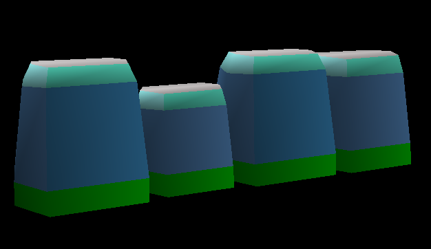 A group of dark-colored rocks with arrows on two of them. They have grassy tops and a blue and white pattern separating the dark rock and the grass. Used in Act 1.