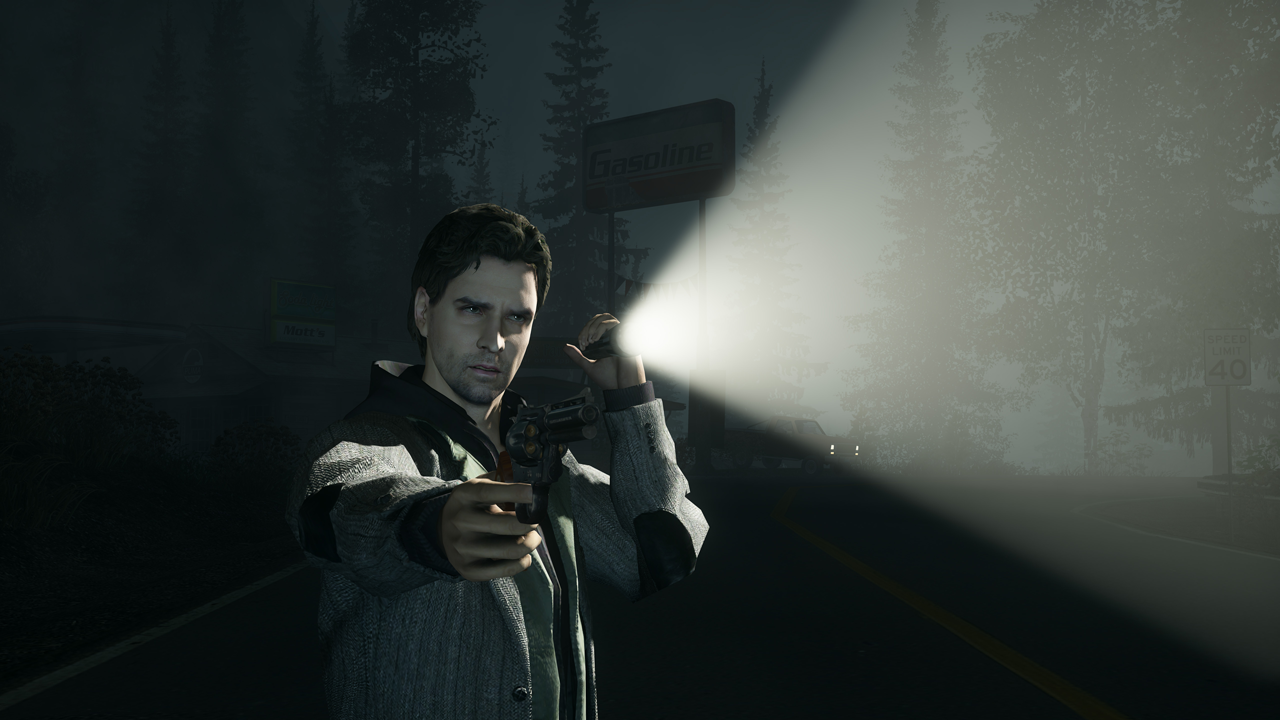 Alan posing with a gun and a flashlight in front of Mott's gas station. Alan posing with a gun and a flashlight in front of Mott's gas station.