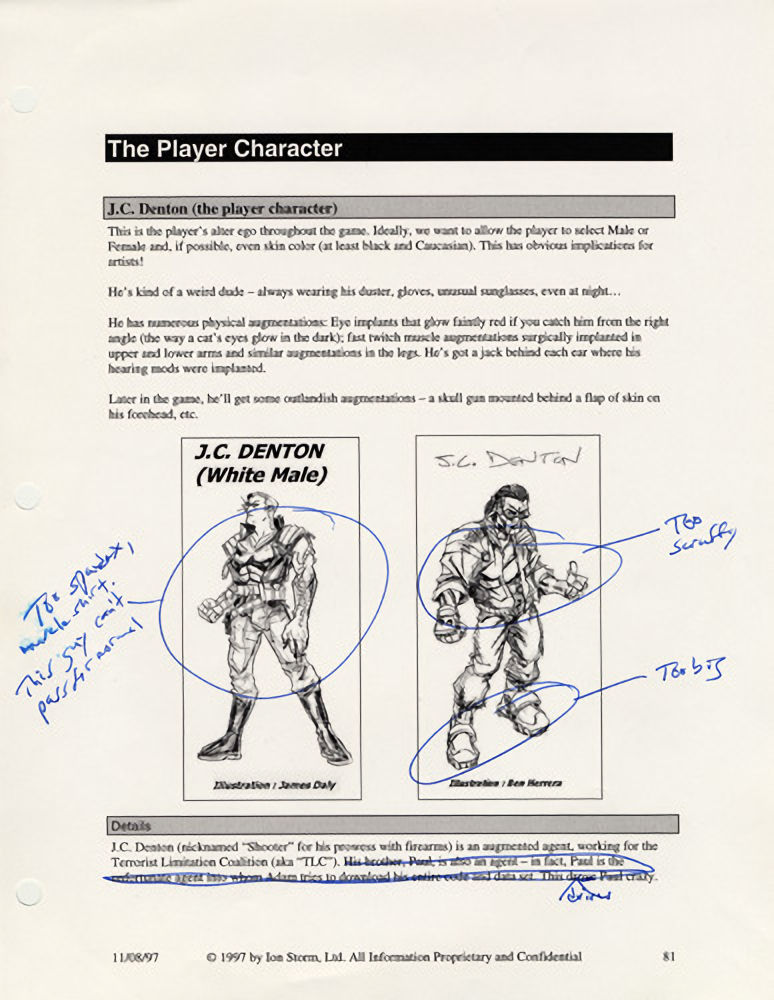Development document showing early JC designs and implying that the player could've got a skullgun augmentation.