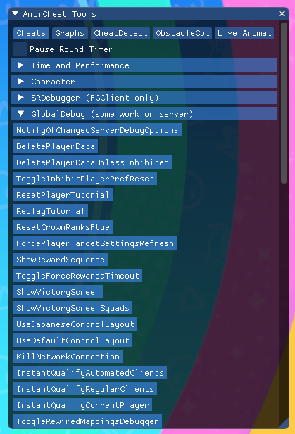 The GlobalDebug (some work on server) subcategory. Contains various buttons which toggle debug options, some of which directly modify the player's Fall Guys account or the episode (show) or round they are playing.