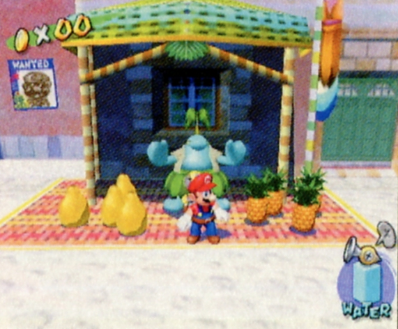 Page 28 of the North American manual shows a blue Pianta with a white vest running the fruit stand rather than an orange Pianta with a purple vest. There are also four pears and five pineapples in a non-uniform formation; the final contains three of each fruit in a triangle formation in this stand.