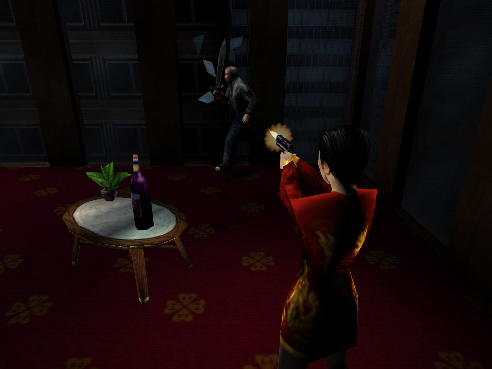 Maggie Chow shooting a Red Arrow member who's in her apartment, for some reason.