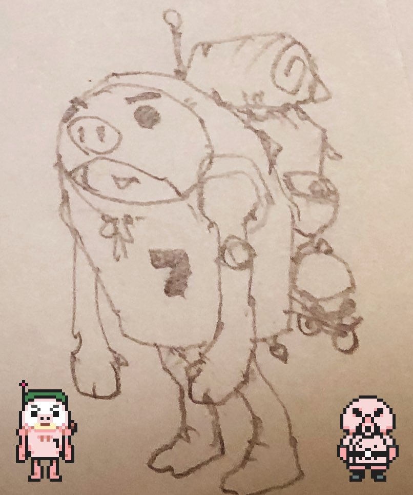 Imagawa. Concept art of an early Pigmask. This design can still be found in unused data from the final game. Imagawa. Concept art of an early Pigmask. This design can still be found in unused data from the final game.