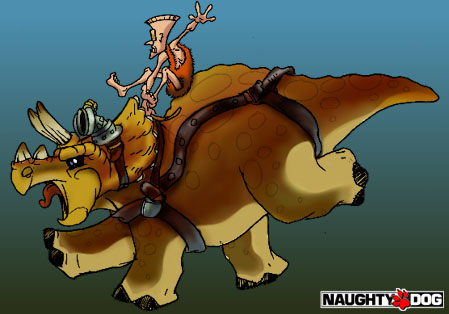 Illustration of a lab assistant riding the triceratops. Illustration of a lab assistant riding the triceratops.