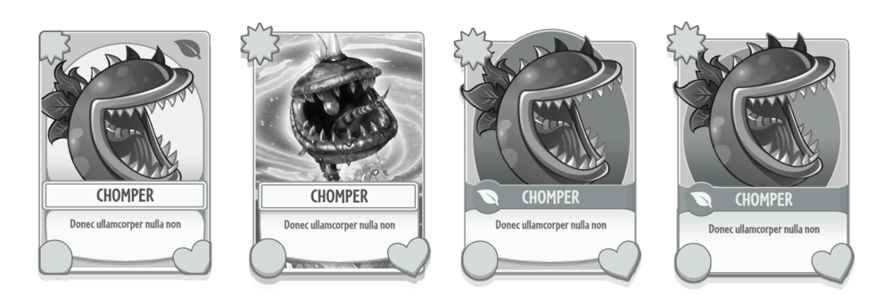 More card concept designs. The second design uses art of Chomper from Garden Warfare, for some reason.