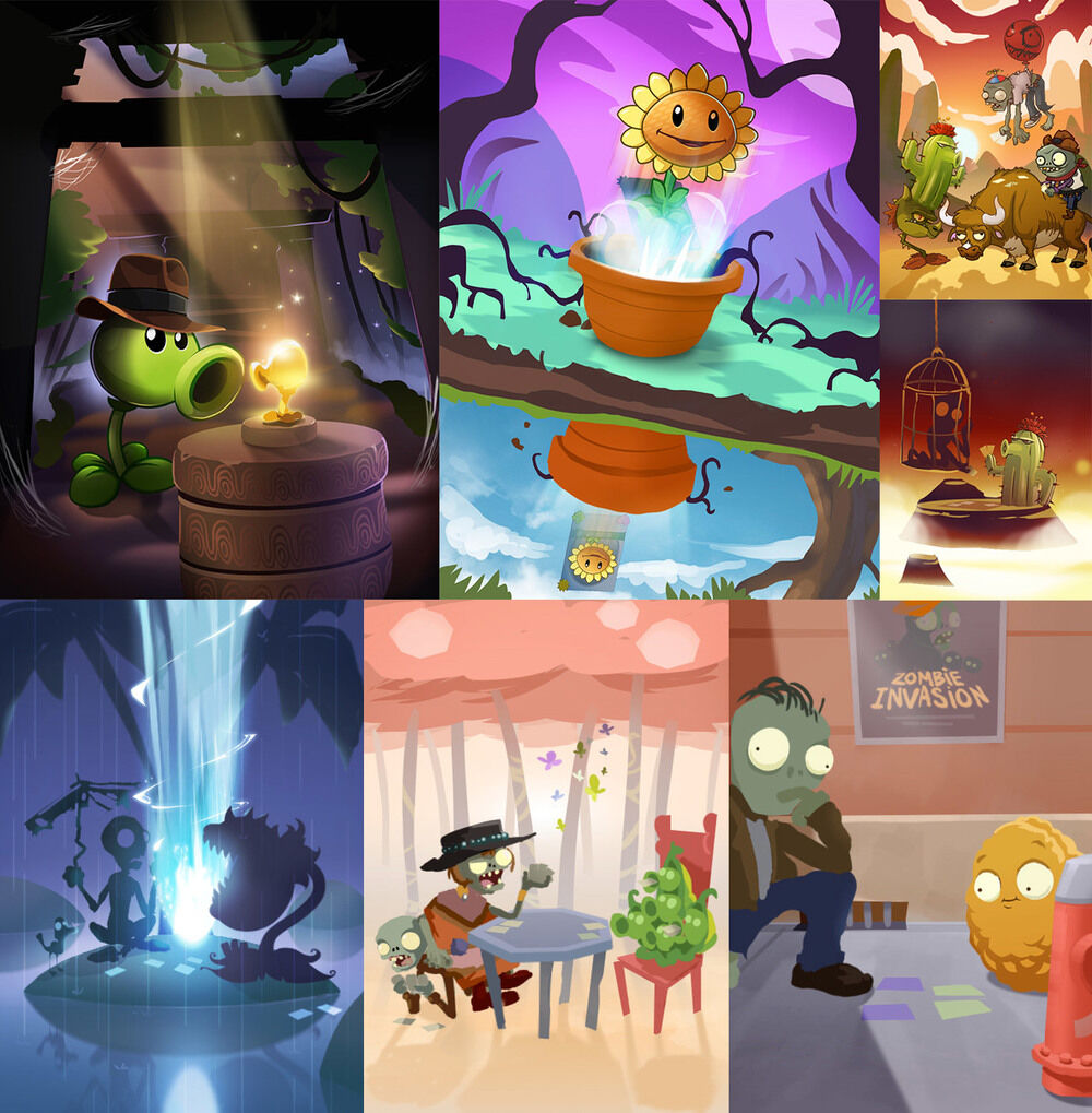 Concept art of various plants and zombies in various scenarios.