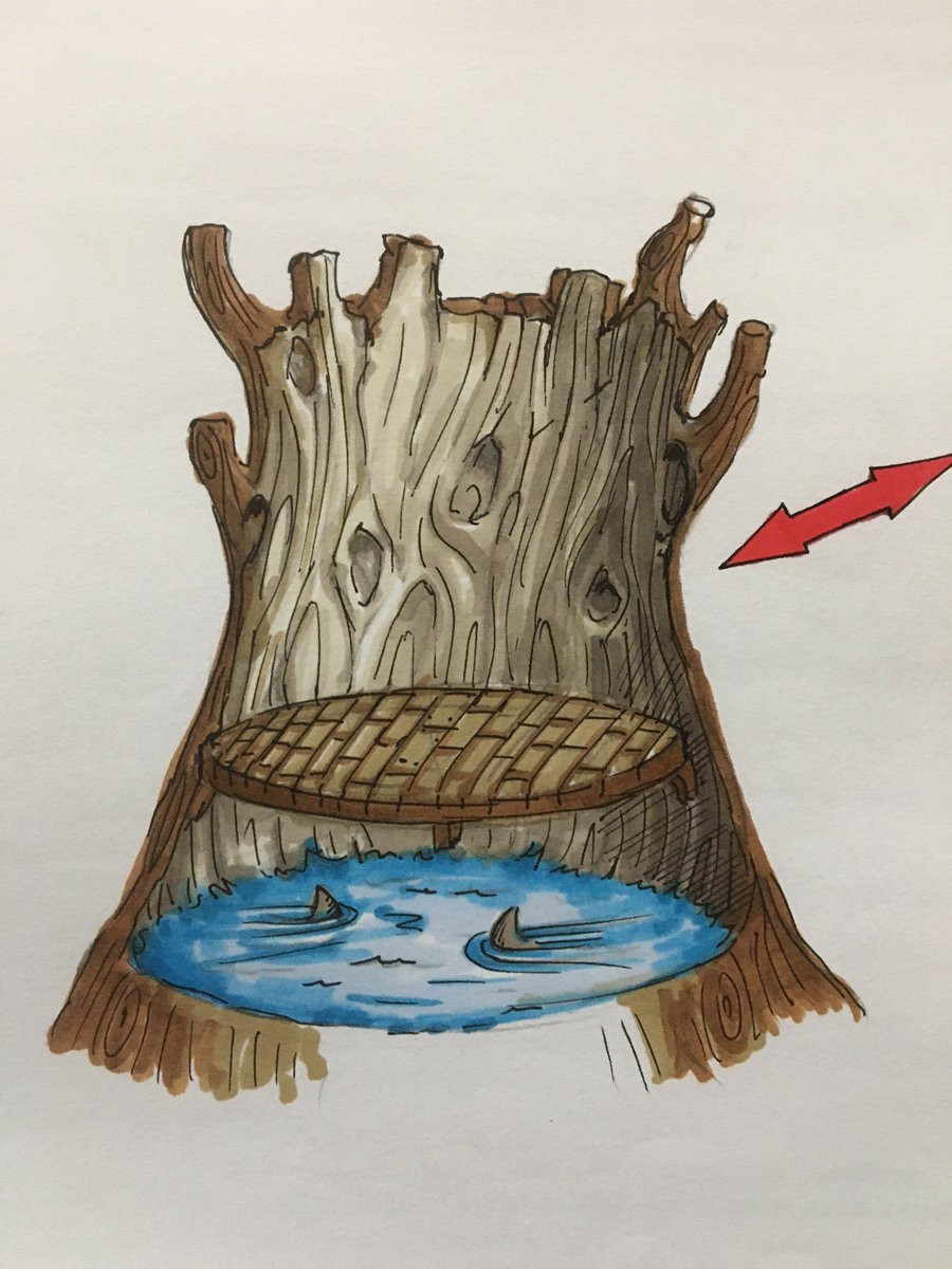 Interior of the tree. Features a wooden circular platform with a pair of mechanical sharks below. This concept area is entirely unused in the final game. Interior of the tree. Features a wooden circular platform with a pair of mechanical sharks below. This concept area is entirely unused in the final game.