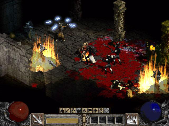 An Amazon in Act 3, with a slightly different looking interface and blood you won't see in the final game, unless an enemy was affected by a bleeding debuff.