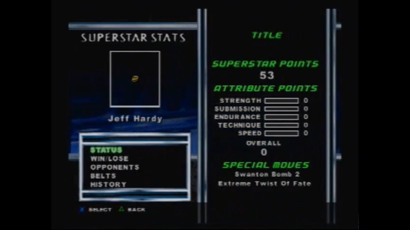 Jeff Hardy's stats and finishing moves. Jeff Hardy's stats and finishing moves.