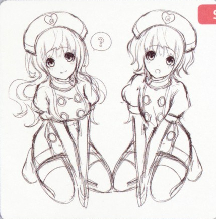 Compa also had a twin, which was similar to her in everything but hair (short instead of long) and bust (flat instead of big). Like her first design, she wore a nurse's outfit, albeit with short sleeves.