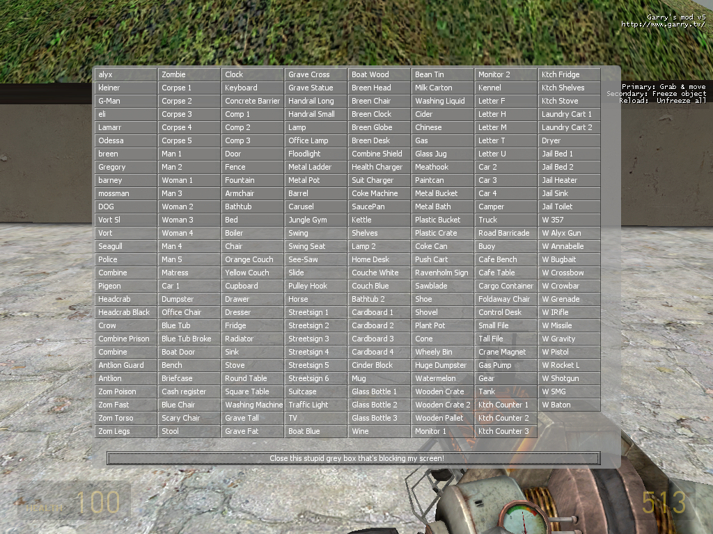 This is the first iteration of the spawnmenu. It only supports spawning certain ragdolls and props and is limited to just the one box. This is the first iteration of the spawnmenu. It only supports spawning certain ragdolls and props and is limited to just the one box.