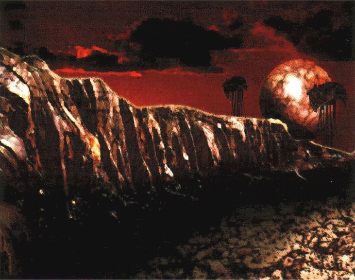 The West Gash - Silt Striders making their way across the West Gash against a dark foreground and a sanguine-colored night sky.