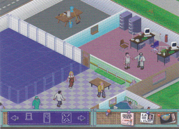 A patient with different attire, a completely different interface, a surgeon outside the operating theatre, a table in the corridor, a room blueprint blocking a door, what appears to be a combined GP's Office and General Diagnosis, and what appears to be a store cupboard. There's also a fire extinguisher that appears to be hanging on the wall, which does not happen in the final game.