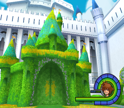 The topiary of the castle that Goofy sleeps under has more details than seen in-game, such as a door and colorful roof with flags on top. The topiary of the castle that Goofy sleeps under has more details than seen in-game, such as a door and colorful roof with flags on top.