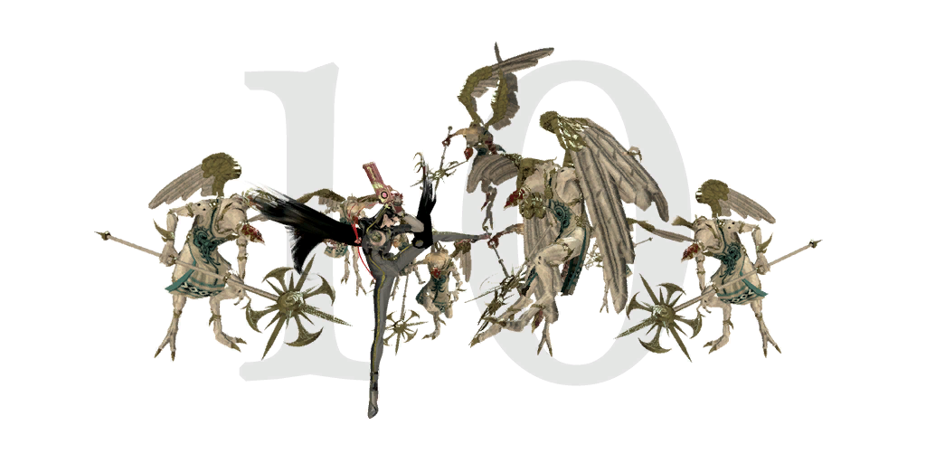 A render based on the first game's Alfheim introductions, depicting Bayonetta fighting Affinities, with the number 10 in the background.