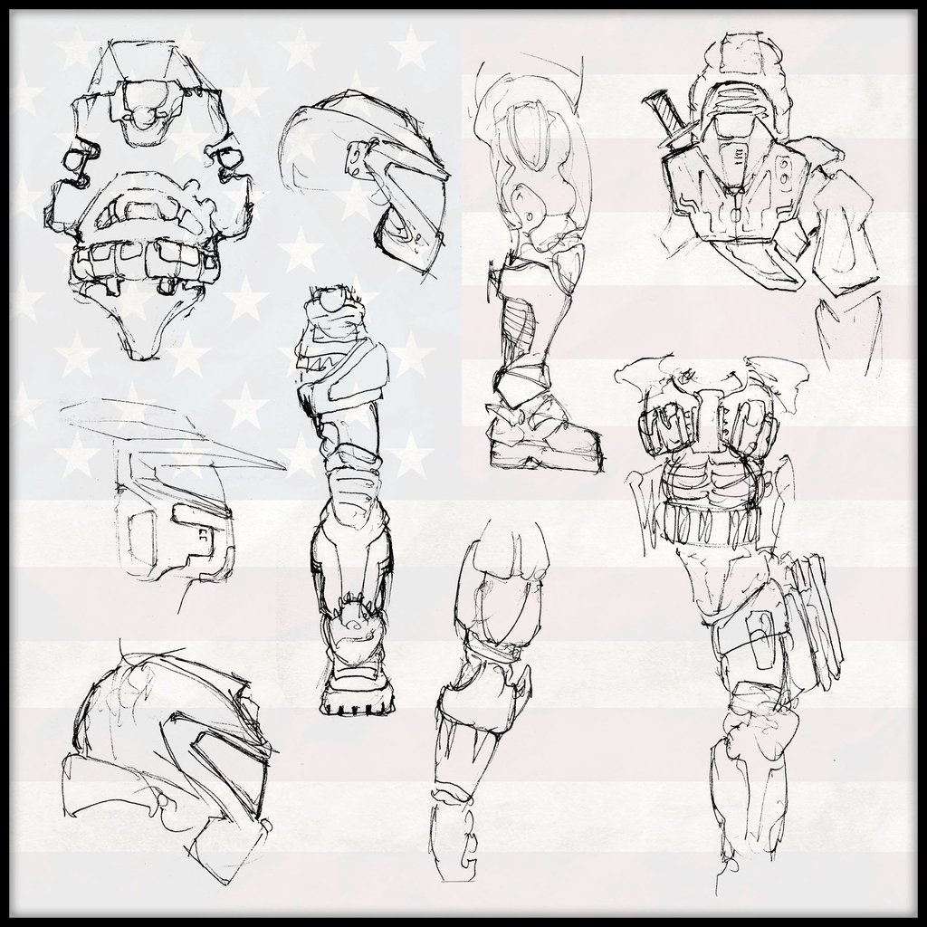 Concept art for the Master Chief, which would be realised in early builds of Halo, such as that shown at Macworld. Note the blade on his back was originally intended to be the retractable sword/machete, that is seen in various images and videos.