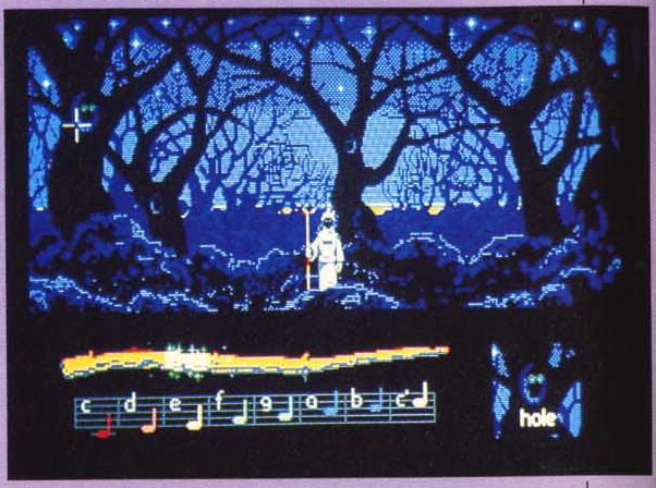 The owls on Loom Island. The font is different, and the standard SCUMM crosshair cursor is visible. Bobbin's eyes are fixed, but his robe still lacks wrinkles.