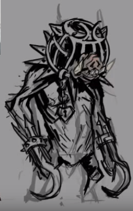 Swine Slasher, ver 5. A viewer on the stream suggested the headpiece which is an actual medieval torture device (Scold's Bridle). Main difference between this version and the in-game one is that in-game the Slasher has received eyeholes.