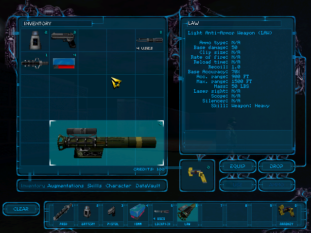 High quality view of the inventory, with old prod battery design and 4x2 LAW. The LAW was still an anti-armor weapon at this point and not anti-tank.