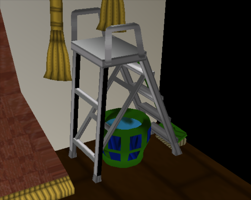 The right side of the stage features a broom, ladder, and what appears to be a bucket with liquid in it. If a Shy Guy hops onto the stage, you may be able to briefly glimpse some of these objects.