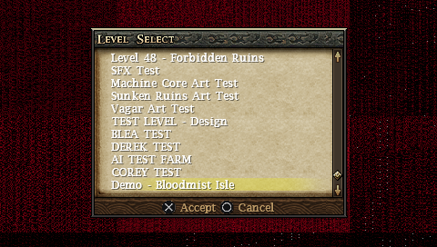 Level Select screen with test levels shown