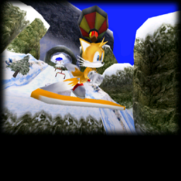 Tails is riding a different snowboard here. The lighting is also very different. The gates seen in Sand Hill are also present here.