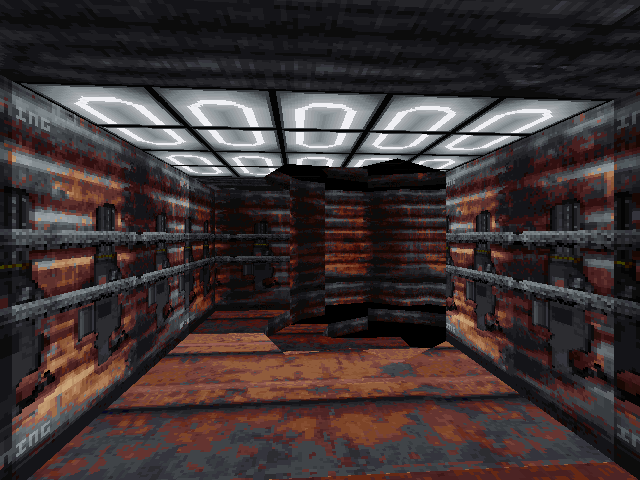 Left hallway in back of armory after barrels are blown up. Left hallway in back of armory after barrels are blown up.