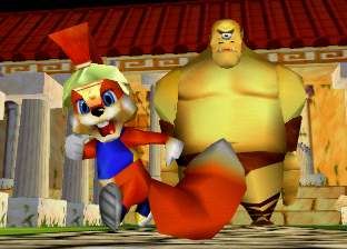 Conker in a Roman Centurion helmet runs from a Cyclops in The Stadium Level.