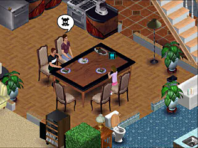 More oval food servings. The individual plates also seem to be moderately offset in relation to the Sims, causing an unsettling feeling they eat the dining table, instead. The table itself appears to be in a slightly different design. Contains an early design of the relationship point icon. Sims talk about Spooky Stuff, a scrapped interest. More oval food servings. The individual plates also seem to be moderately offset in relation to the Sims, causing an unsettling feeling they eat the dining table, instead. The table itself appears to be in a slightly different design. Contains an early design of the relationship point icon. Sims talk about Spooky Stuff, a scrapped interest.