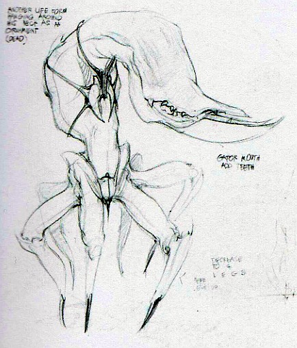 Early drawing of a Scrab, with six legs and a (dead) life form hanging around its neck as an ornament.