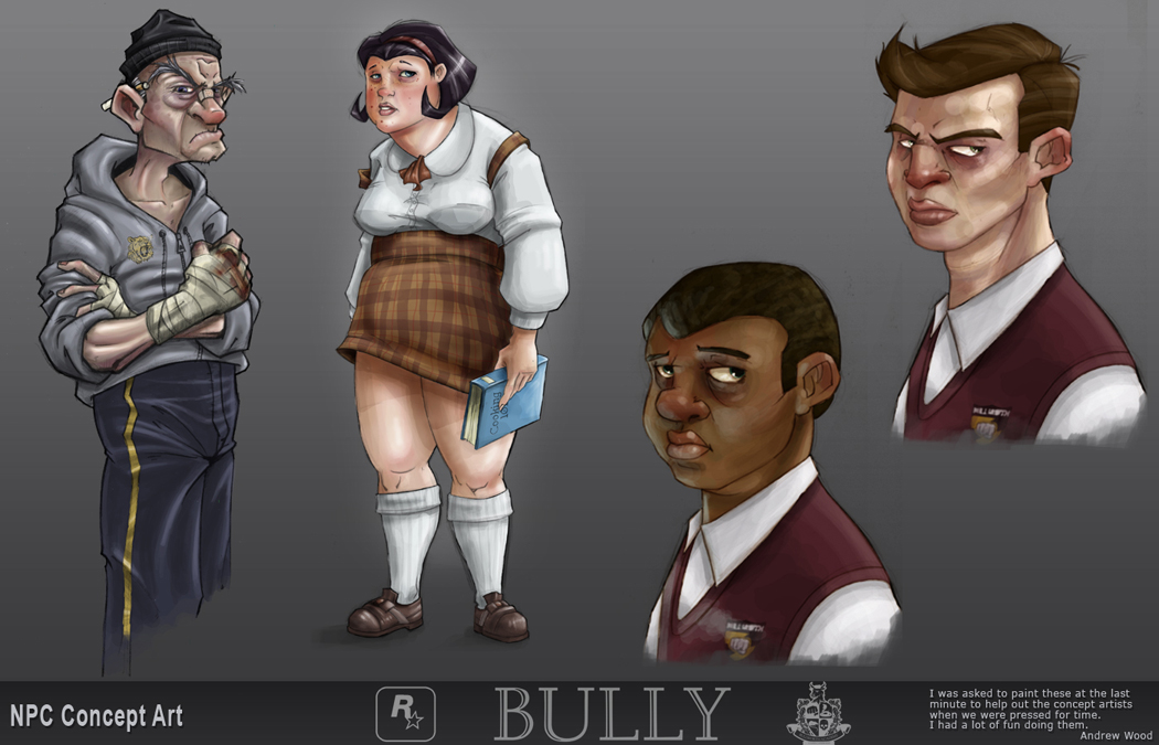 Drawings of the school's Hobo (inspired by Mick from Rocky), Eunice, Pete, and a scrapped generic student.