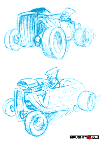 Sketches of a lab assistant riding a hot rod. Sketches of a lab assistant riding a hot rod.