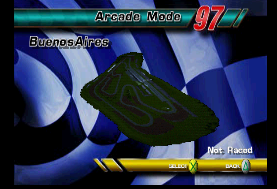 Track selection screen. The 3D circuit map looking oddly dim.