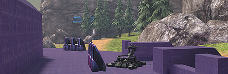 m_spartanland: In engine screenshot of a forest map with dev textures and a standalone Gauss Turret from Halo 3: ODST.