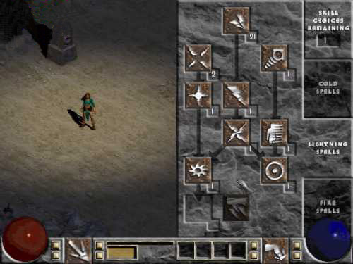 Old interface. Lightning Tree for the Sorceress in an old/alpha build. Some skills are missing. Charged Bolt has 21 points put into it; in the retail game skills could only go as high as 20 without items. Mastery skill seems missing.