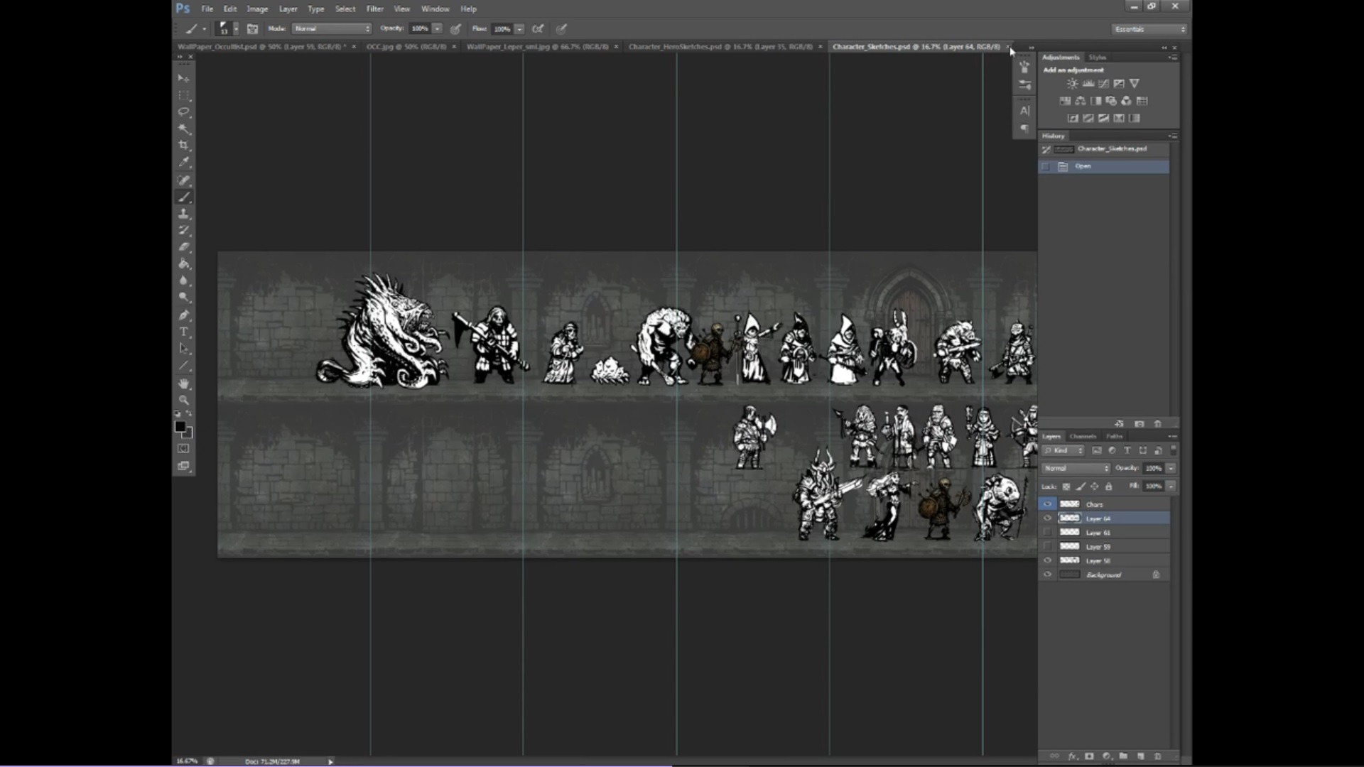 Among the recognizable monster designs in the concept are the hooded figures which appear to be Cultists (The one wielding a club isn't present in the game but a staff wielding female cultist and a melee cultist did make it in), an early Crone, Gargoyle, a draft of a Pelagic monster and a draft of a Swine.