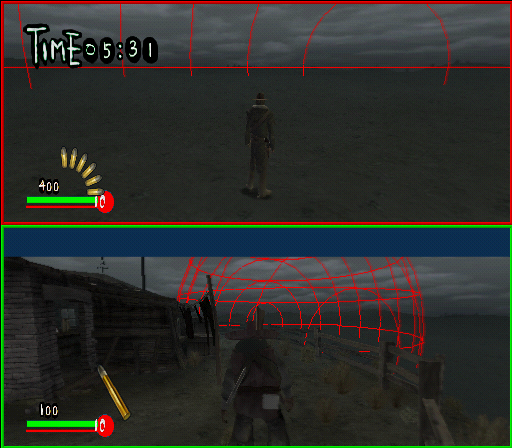 A giant red sphere around Player 1. A giant red sphere around Player 1.