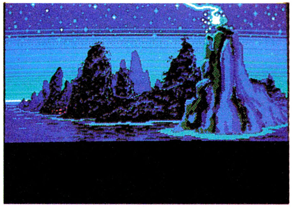 Lightning strikes the tree on Loom Island. The right edge of this background was cropped in the final game.