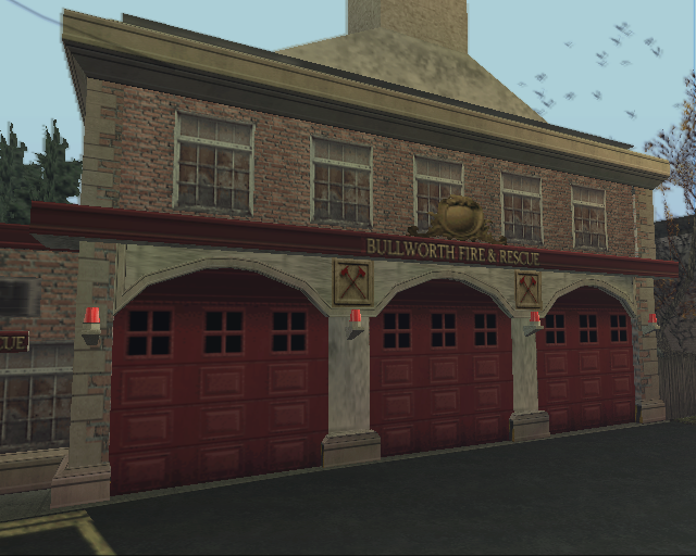 Behind the garage doors.