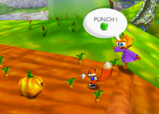 The Pumpkin-headed Scarecrow gives Conker a tutorial on punching aka the "Way of Furry Fist" objective. His mentor role would be taken up by Birdy in the final game.