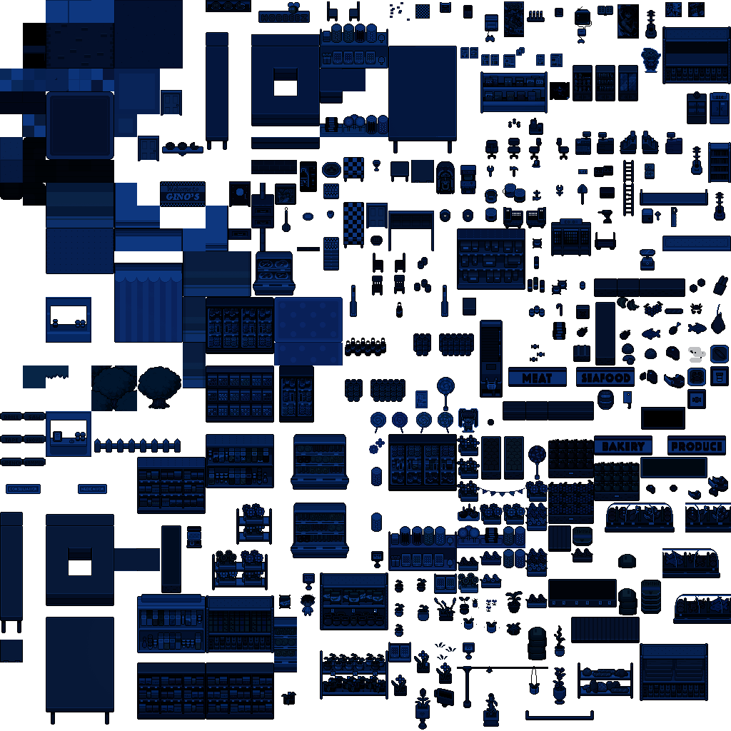 An unused tileset for OTHERMART at night. Since some sprites such as the bags of fertilizer get used on the streets, this tileset has a night version. An unused tileset for OTHERMART at night. Since some sprites such as the bags of fertilizer get used on the streets, this tileset has a night version.
