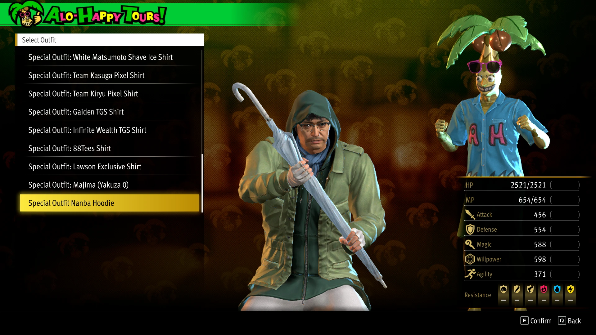 Nanba's old default outfit with the hood up.