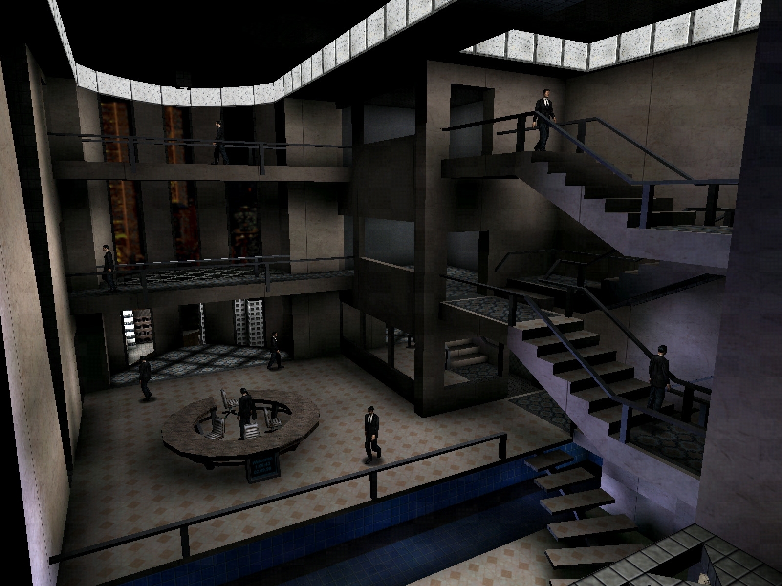 VersaLife with workers in suits. The world trade centers in the background as possible placeholders. The text on the monitor says "Welcome. 1:06:43. 02.09.99".