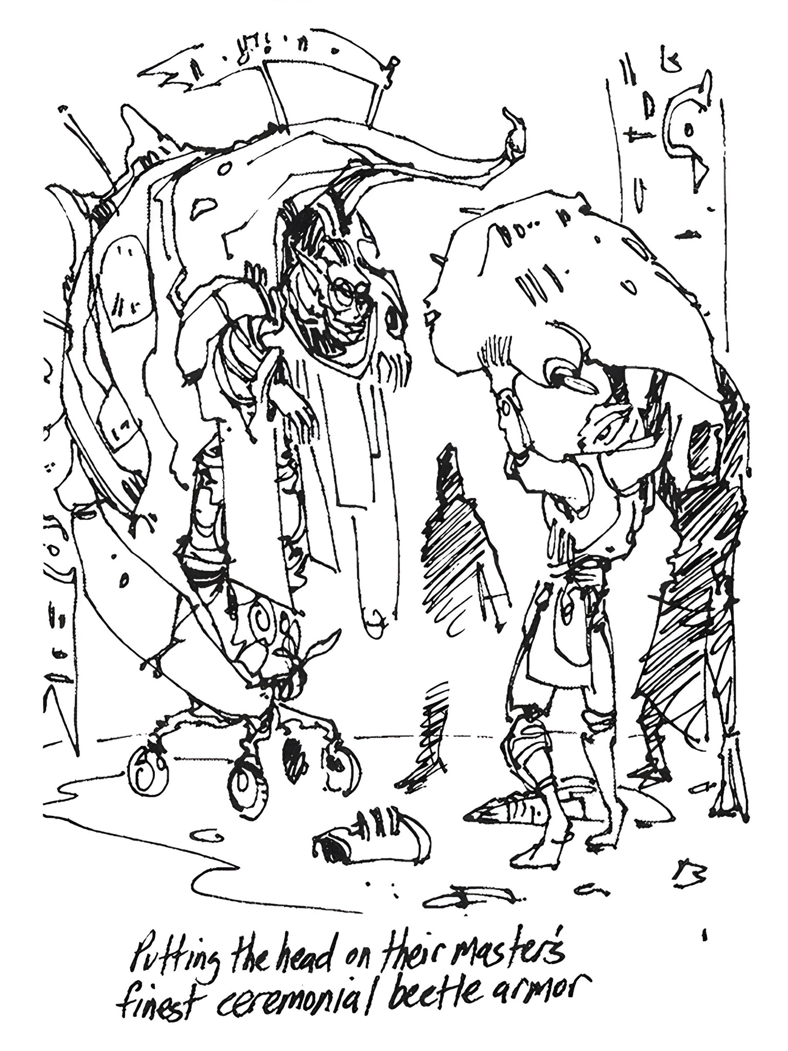 Telvanni Master being dressed in ceremonial beetle armor. An earlier depiction of this Morrowind concept art.