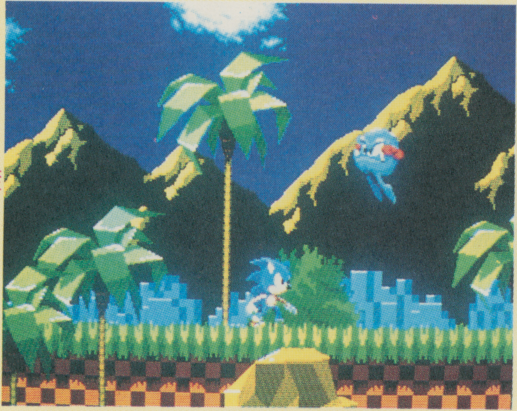 Sonic comes to a stop again on encountering a hopping blue enemy creature wearing red gloves. Its design (but not its color scheme) was taken, again, from Ohshima's concept art, and was never seen again after this demo.